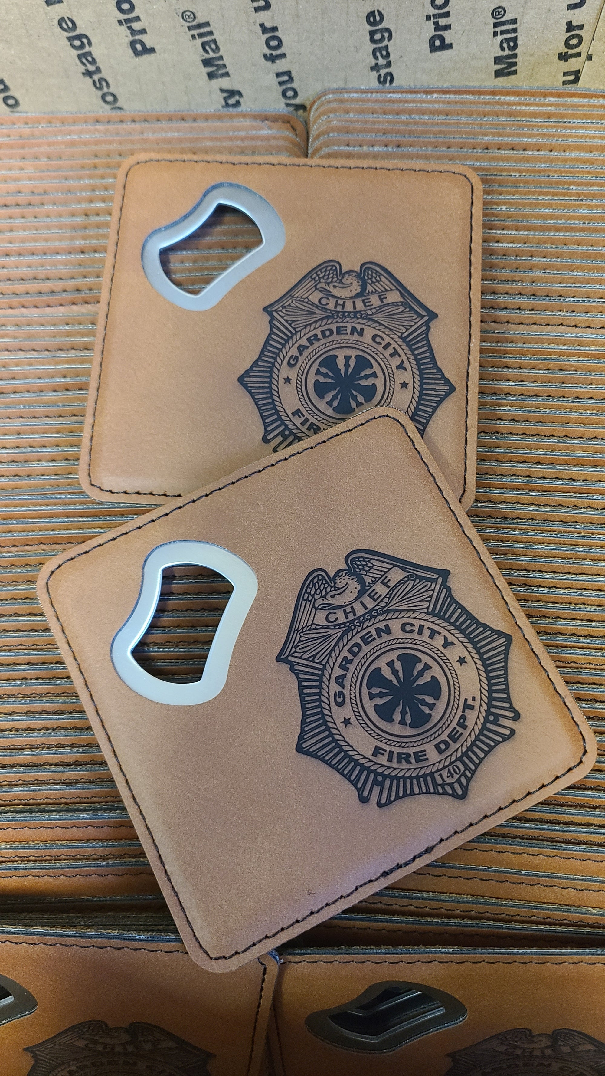 4" x 4" Square Rawhide Leatherette Bottle Opener / Coaster - Priced Individually